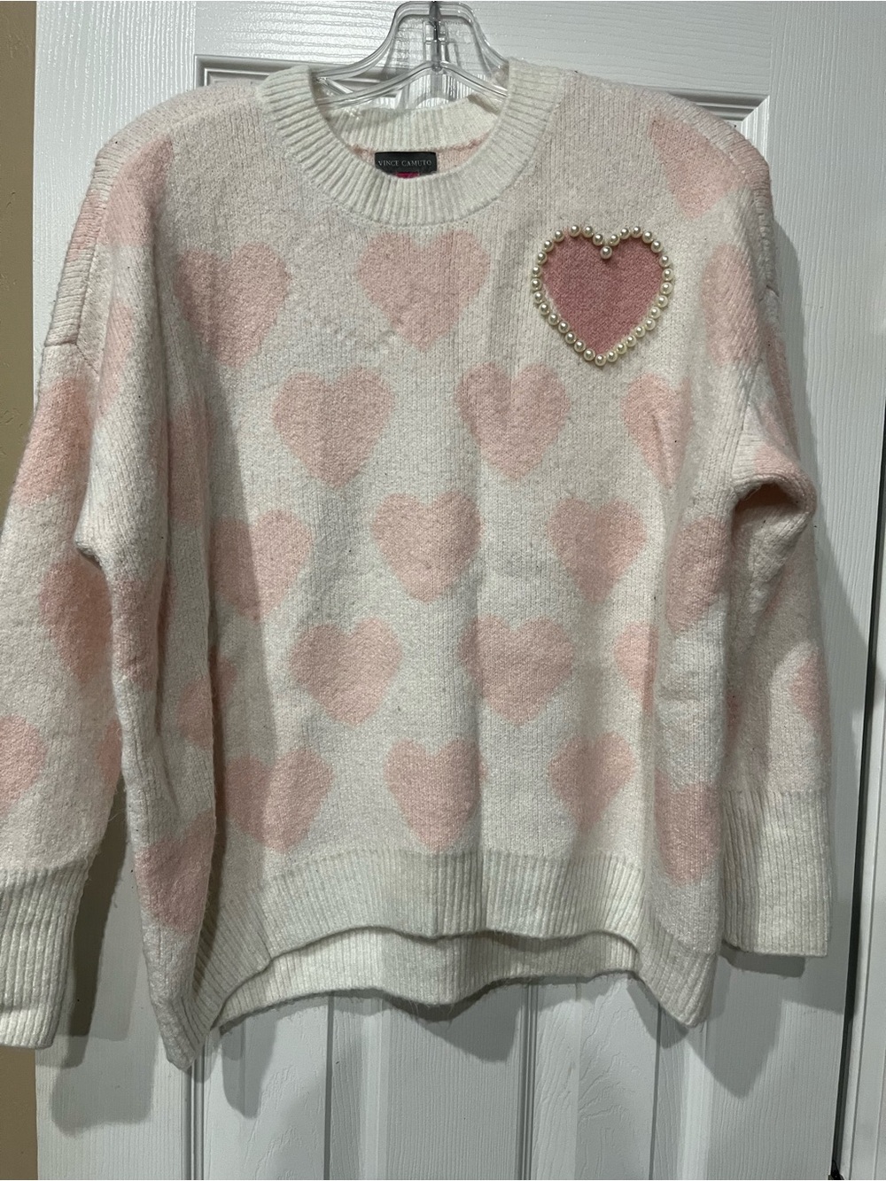 Charming Heart Pattern Crewneck Sweater - Pink & Cream